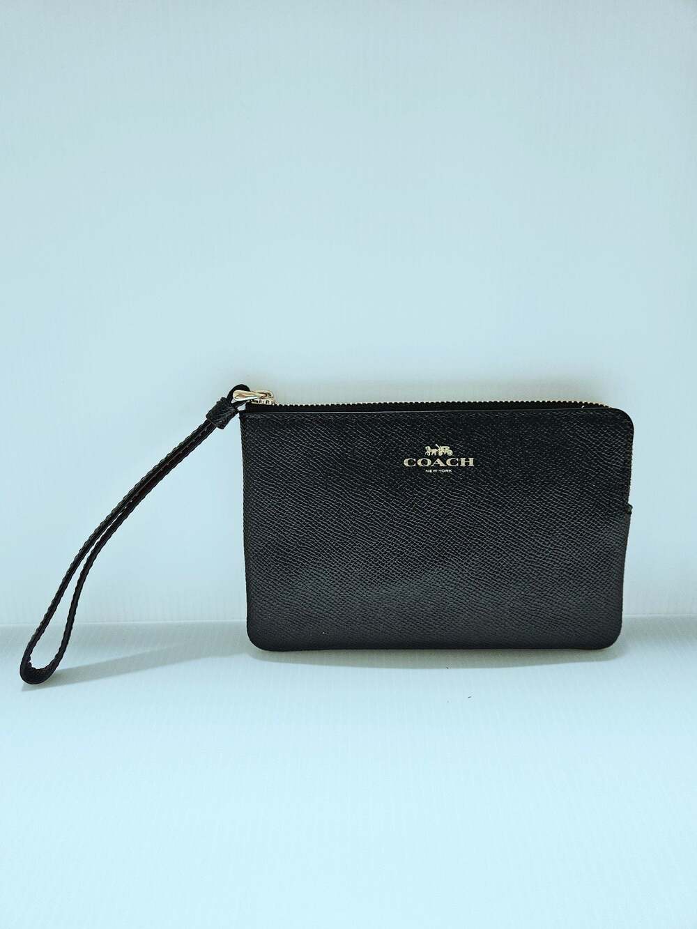Coach Corner Zip Wristlet in Black Crossgrain Leather